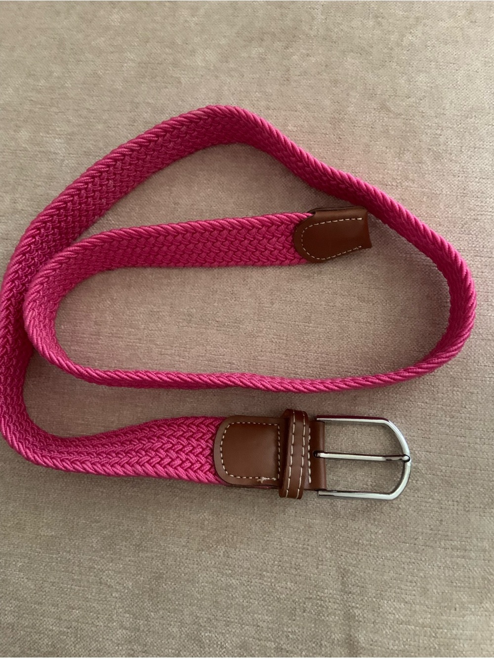 Source Unknown Bright Pink Woven Stretch Belt with Brown Leather Accents